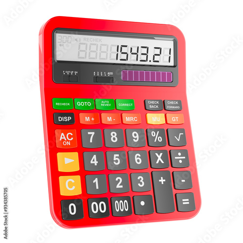 Red Electronic Calculator, pocket calculator. 3D rendering isolated on transparent background