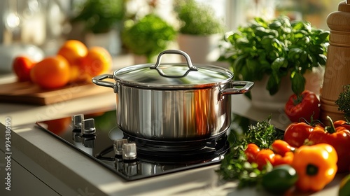 Close-Up of Stainless Steel Pot with Cover on Kitchen Counter Stovetop - Eco-Friendly Home Cooking Concept in High Detail

 photo