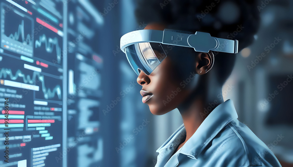 African american experienced specialist immersed in virtual reality at data center, doing units maintenance. Adept professional using VR headset to optimize servers performance, checking operations African american experienced specialist immersed in virtual reality at data center, doing units maintenance. Adept professional using VR headset to optimize servers performance, checking operations