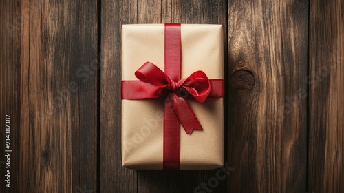 A brown box with a red ribbon on top of it photo