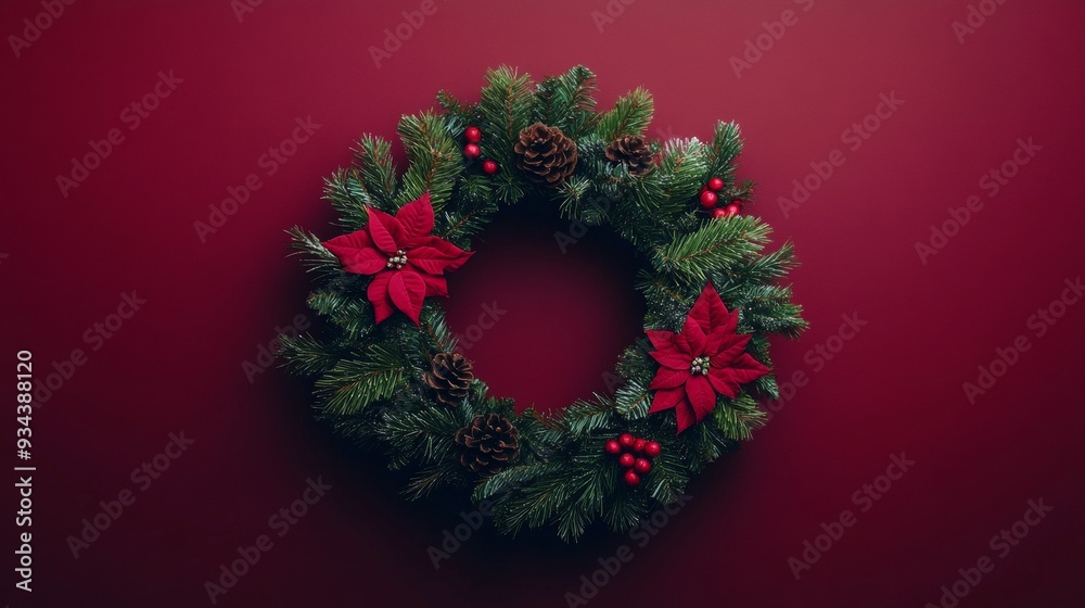 A wreath with red poinsettias and pine cones is on a red background A wreath with red poinsettias and pine cones is on a red background