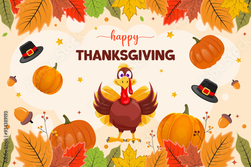 Background of thanksgiving celebration hand drawn design with turkey, pumpkin and hat. thanksgiving day banner template.
