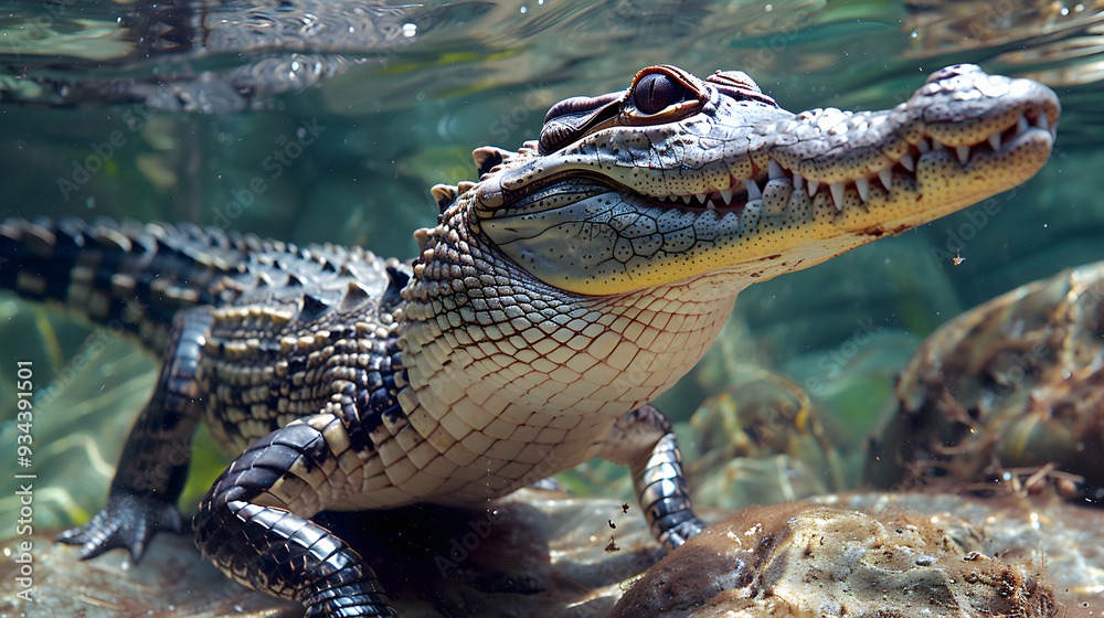 Amazon Dwarf Crocodile swimming in clear waters, its distinctive body and scales visible