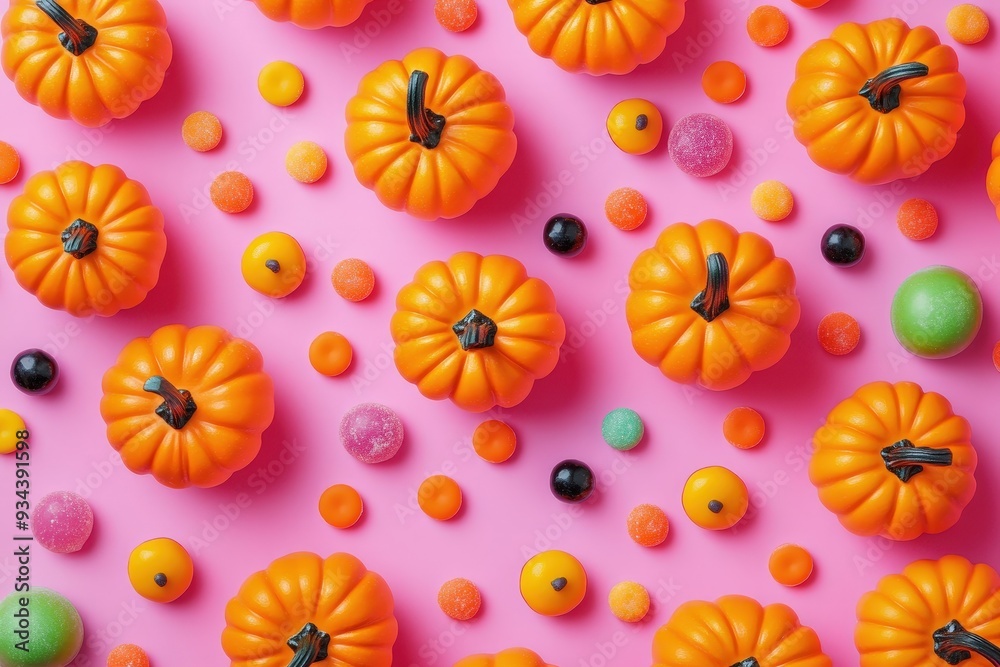 Playful and Colorful Halloween Scene with Mini Pumpkins and Assorted Candies on Pink Background
