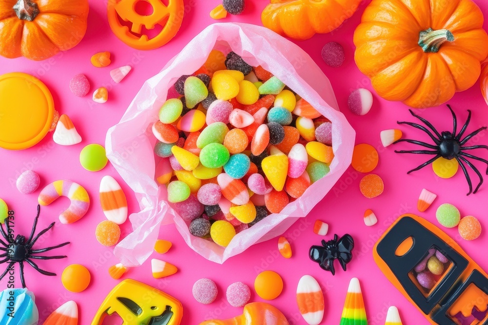 Vibrant Overhead Shot of Halloween Candy Explosion with Jack-O'-Lanterns and Spooky Decor Vibrant Overhead Shot of Halloween Candy Explosion with Jack-O'-Lanterns and Spooky Decor