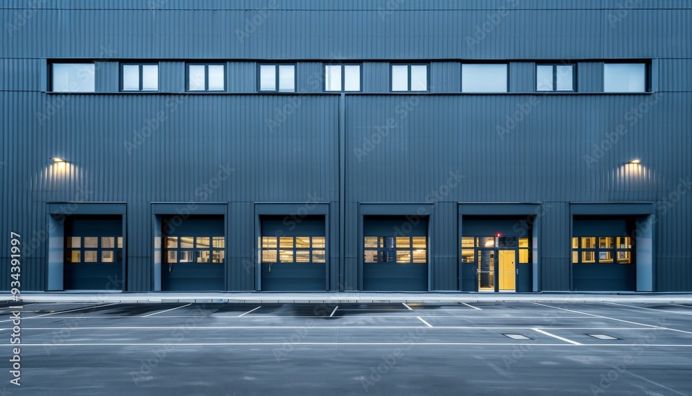 Obraz premium Gray aluminum panel facade of an industrial building with doors and windows, showcasing modern