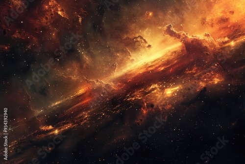 Fiery orange and yellow nebula with glowing city lights beneath