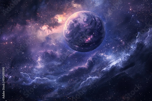 Glowing Purple Planet in Nebula with Stars and Space Dust