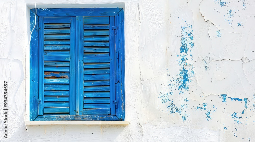 A weathered white wall with a closed blue shuttered window. The paint on the wall is cracked and peeling. A weathered white wall with a closed blue shuttered window. The paint on the wall is cracked and peeling.