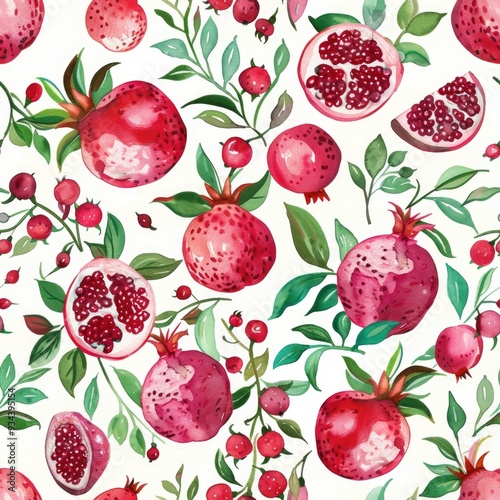 Hand-painted pomegranates and leaves in a vibrant, bold pattern with rich reds and greens. ai