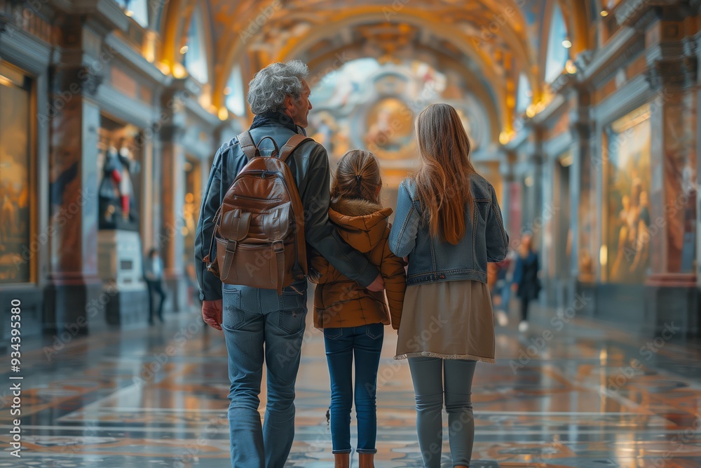 Family Exploring Historical Art Gallery Together on a Leisurely Evening Family Exploring Historical Art Gallery Together on a Leisurely Evening