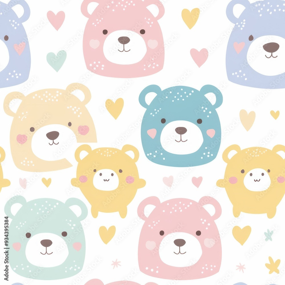Seamless pattern of pastel teddy bears and hearts on a light background, perfect for baby products and children's designs. ai Seamless pattern of pastel teddy bears and hearts on a light background, perfect for baby products and children's designs. ai