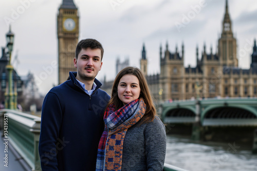 Young couple poses near iconic Big Ben in London during winter