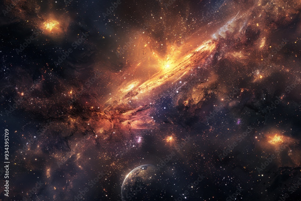 Glowing orange and yellow nebula with a blue planet in the foreground Glowing orange and yellow nebula with a blue planet in the foreground