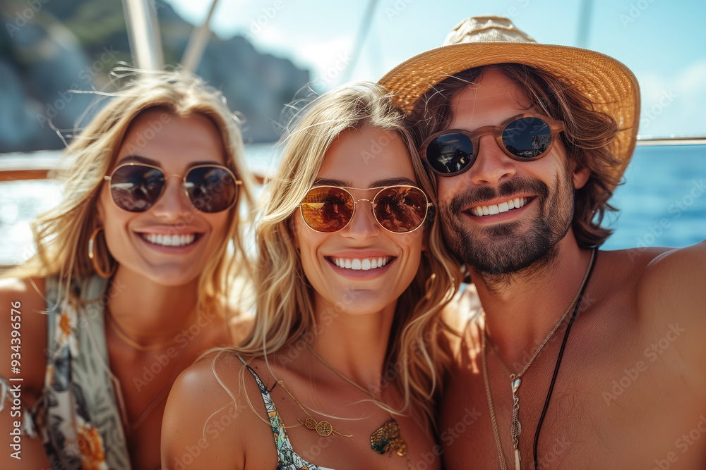 Sun-kissed friends enjoy a sailing trip along a picturesque coastline