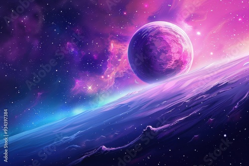 Purple alien planet and blue moon in a colorful nebula