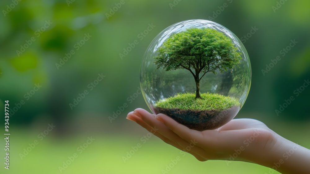 A hand holds a glass sphere with a tree on a forest background, an environmental concept for Earth Day.