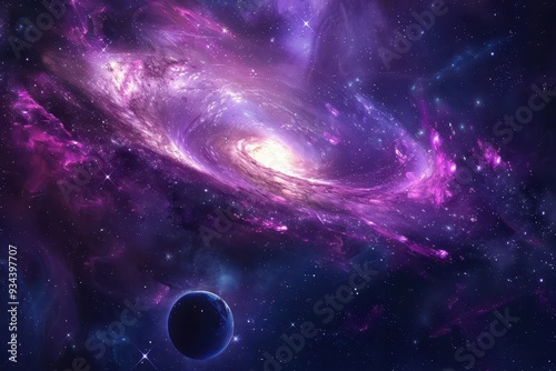 Purple Galaxy Swirls with a Distant Planet photo