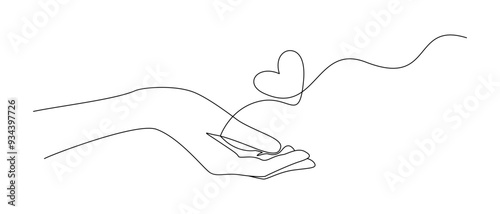 One continuous line drawing of hands holding heart. Concept of love relationship and volunteer organisation symbol in simple linear style. Editable stroke. Doodle Vector illustration
