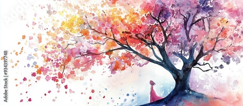 Vibrant watercolor illustration of a flowering tree