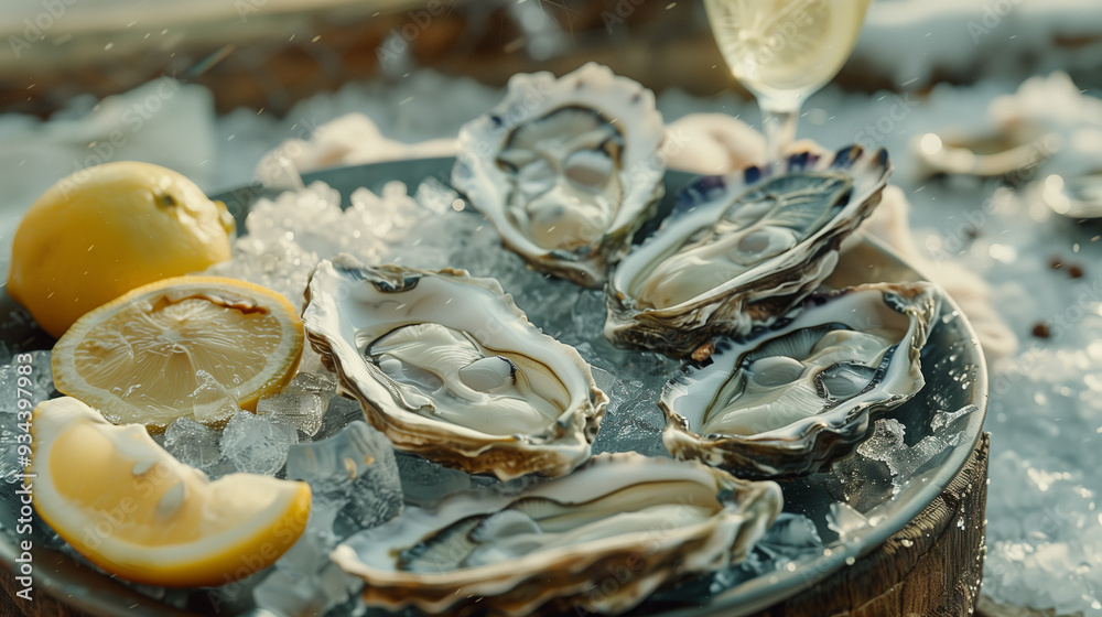 Oysters on a plate with ice and lemon slices, placed on a wooden table Oysters on a plate with ice and lemon slices, placed on a wooden table