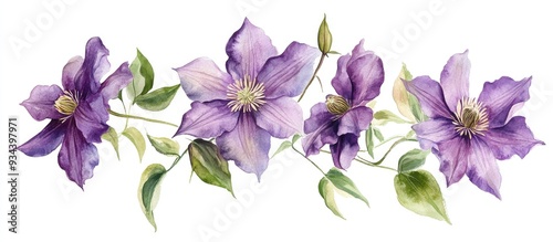 Fototapeta Naklejka Na Ścianę i Meble -  Purple flower bouquet on a white background featuring a botanical watercolor illustration of clematis
