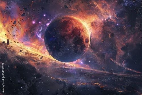 Glowing red planet in a vibrant nebula with asteroids