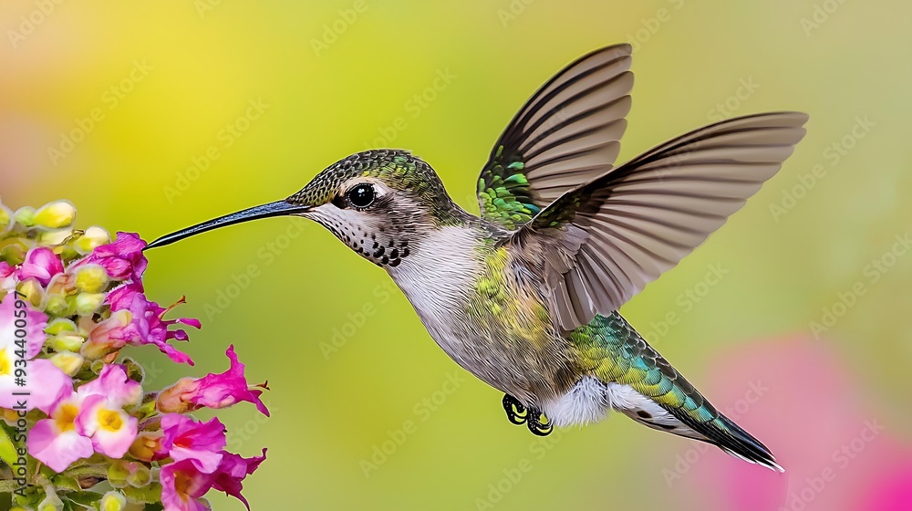 Hummingbird Feeding on Pink Flowers with Green Blurred Background Hummingbird Feeding on Pink Flowers with Green Blurred Background