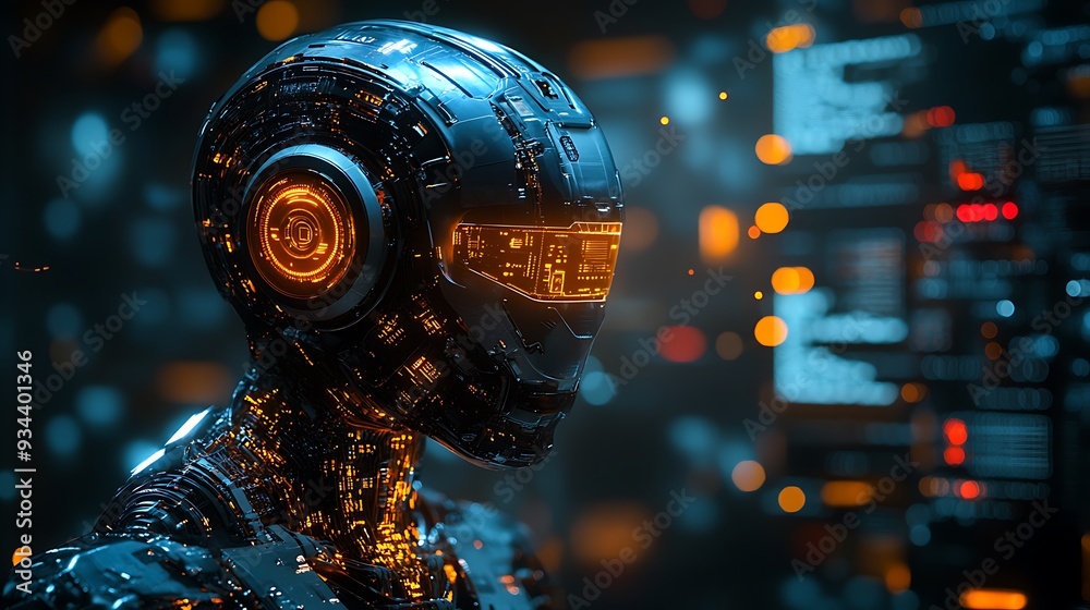 Close-up of a robotic head with glowing eyes, set against a backdrop of digital code.