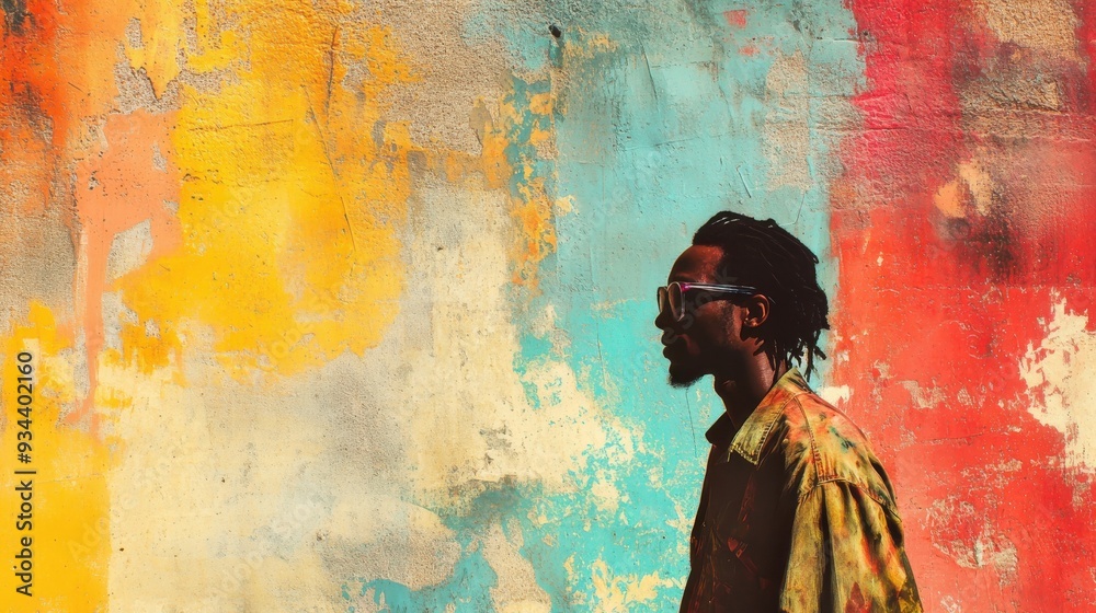 Obraz premium Side profile painting of a man on a colorful urban wall with copy space.