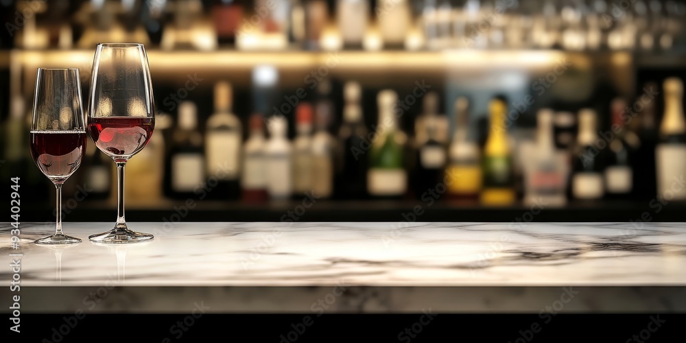 Elegant wine glasses on a marble bar with a blurred backdrop of liquor bottles at a lounge Elegant wine glasses on a marble bar with a blurred backdrop of liquor bottles at a lounge