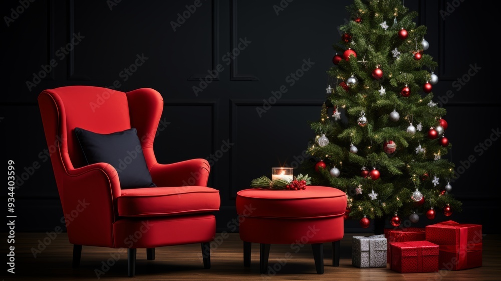 Christmas new year postcard mockup in modern room with tree, fireplace armchair in red tones Christmas new year postcard mockup in modern room with tree, fireplace armchair in red tones
