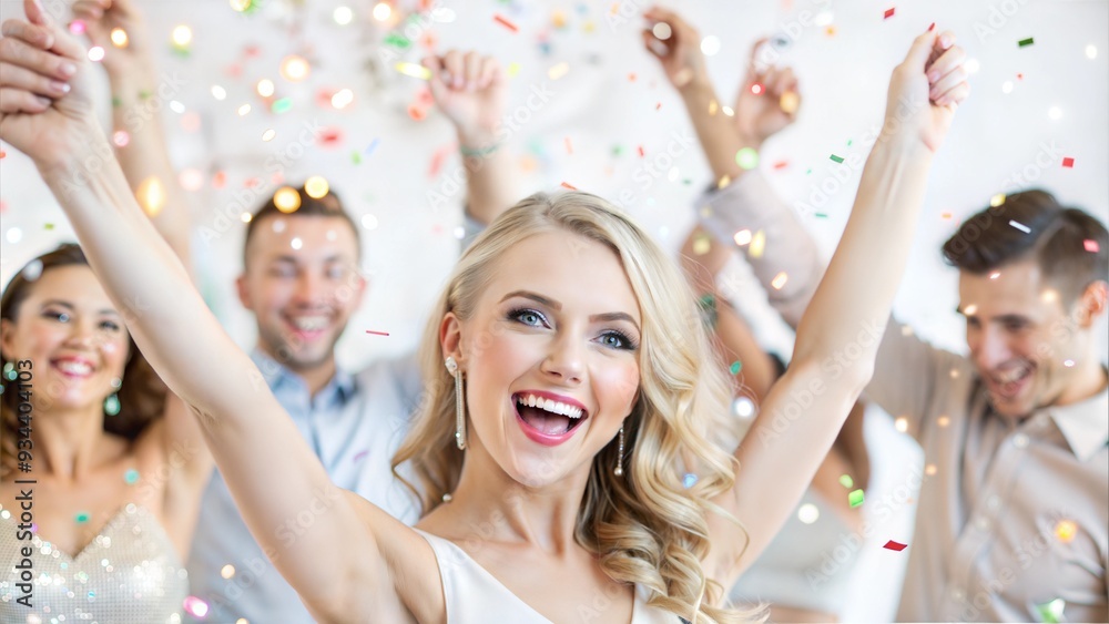 Obraz premium Cheerful young woman celebrating with friends at a party against a festive background 