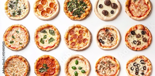 The top view collection of pizza with different tasty toppings isolated on the background, popular fast food, flat lay pizzas.