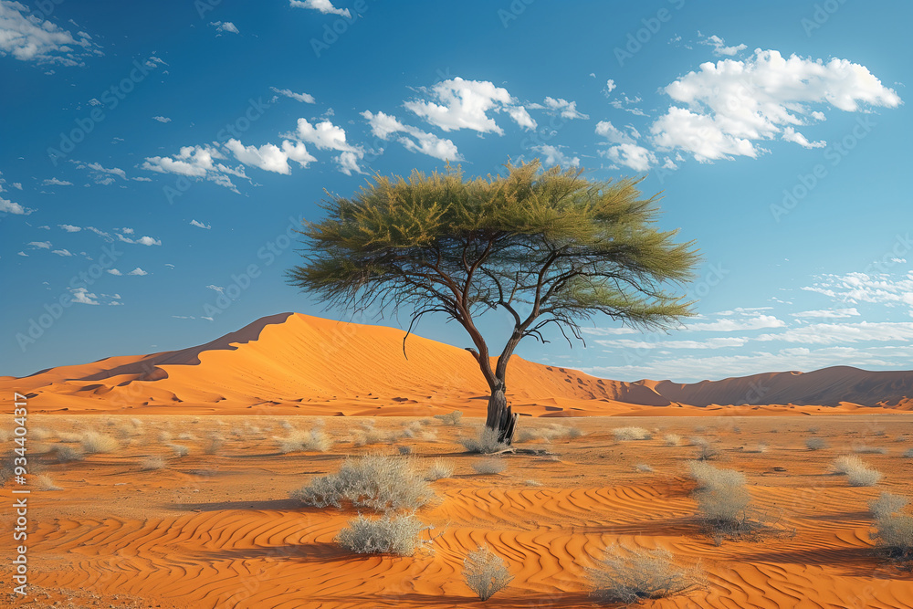 Global warming concept. Lonely green tree in sandy desert, dry cracked ground arid landscape, parched earth under hot sun and sky with clouds. Strong heat, extreme weather conditions Global warming concept. Lonely green tree in sandy desert, dry cracked ground arid landscape, parched earth under hot sun and sky with clouds. Strong heat, extreme weather conditions