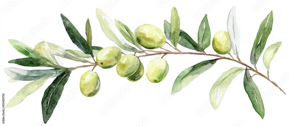 Watercolor illustration of a branch with green olives on a white background Watercolor illustration of a branch with green olives on a white background