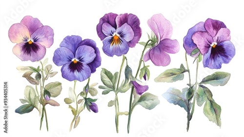 Watercolor illustration of a collection of pansy flowers