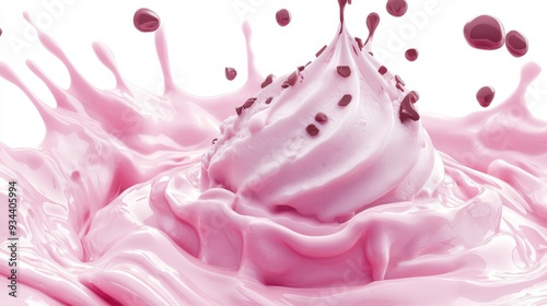 An ice cream splash with a clipping path is presented against a white background in 3D using pink strawberries, vanilla milk, and chocolate.