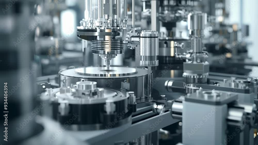 Complex automated machinery processing metal component at modern industrial facility, concept of innovation in manufacturing Complex automated machinery processing metal component at modern industrial facility, concept of innovation in manufacturing