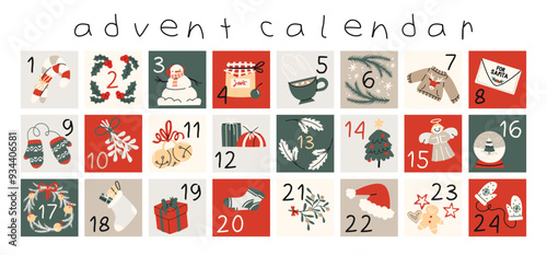 Christmas new year advent calendar. Countdown to Christmas with numbers. Cartoon doodle winter stickers, snowmen, Christmas tree, gifts. Festive winter calendar in vector