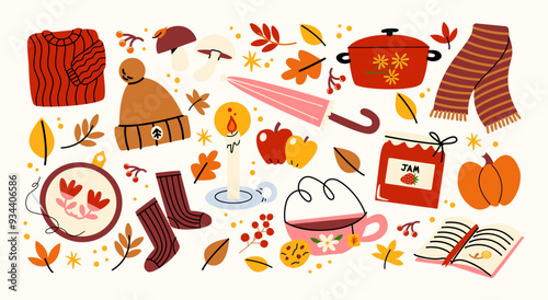 Cozy hygge autumn stickers in cartoon style. Fallen leaves, hot chocolate, cocoa, sweater, harvest time. Set of doodle groovy vector shapes hand drawn