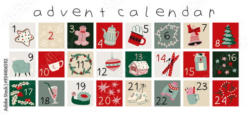 Christmas new year advent calendar. Countdown to Christmas with numbers. Cartoon doodle winter stickers, snowmen, Christmas tree, gifts. Festive winter calendar in vector