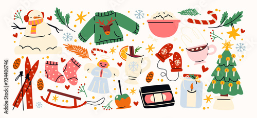 Christmas new year stickers in cartoon style. Holiday gifts, santa, christmas tree, coziness. Holiday seasonal vector illustrations in retro groovy style