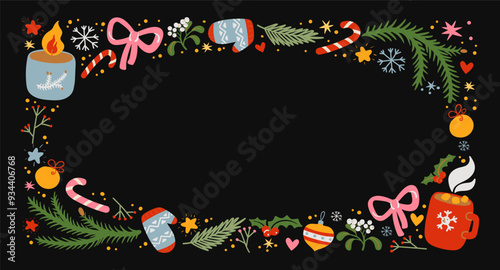 Christmas new year frame and in cartoon style. Holiday border poster, santa, christmas tree, coziness. Seasonal postcard design vector illustrations in retro groovy style.