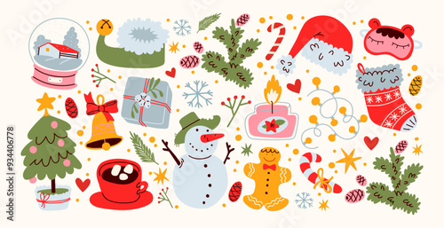 Christmas new year stickers in cartoon style. Holiday gifts, santa, christmas tree, coziness. Holiday seasonal vector illustrations in retro groovy style