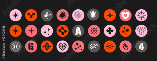 Futuristic y2k patches, labels, tags, stickers, bracelet stamps in retro style. Cartoon stickers in funky hipster groovy grunge 90s style. Vector set, trendy promo labels