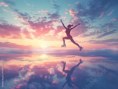 Wallpaper Mural Graceful Figure Skater Dances on Ethereal Winter Sunset Reflection Torontodigital.ca