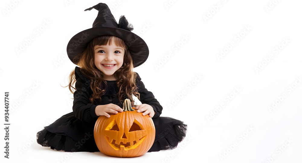 Fototapeta premium a little girl dressed as a witch to celebrate halloween holding a pumpkin waiting to go trick or treating on a white background