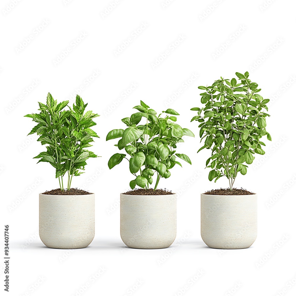Three Potted Basil Plants in White Pots on White Background Three Potted Basil Plants in White Pots on White Background
