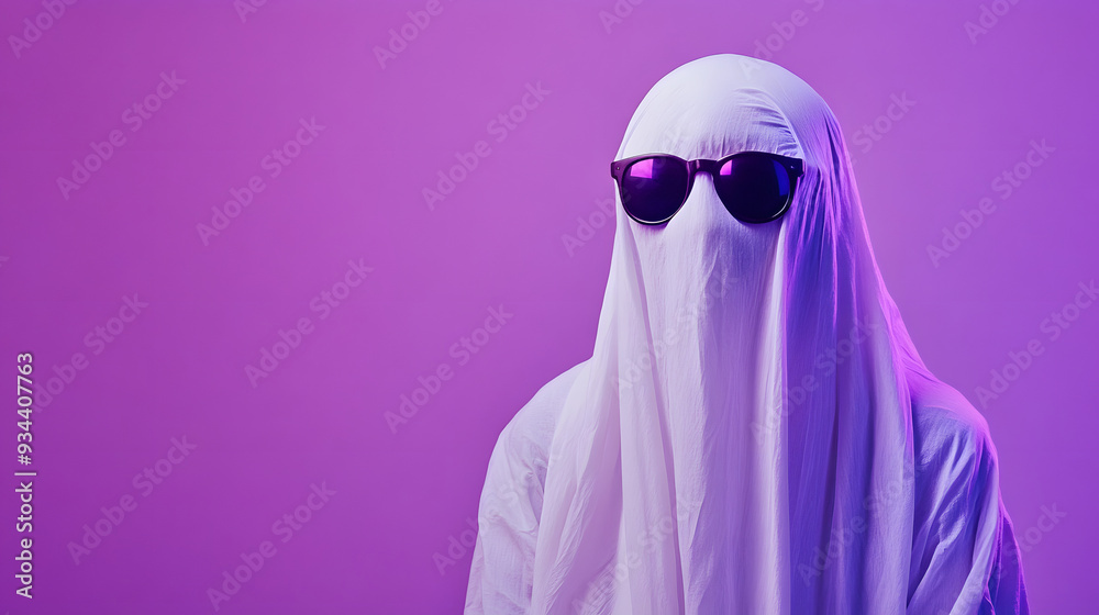 a man dressed as a ghost with glasses on a purple background - copy space a man dressed as a ghost with glasses on a purple background - copy space
